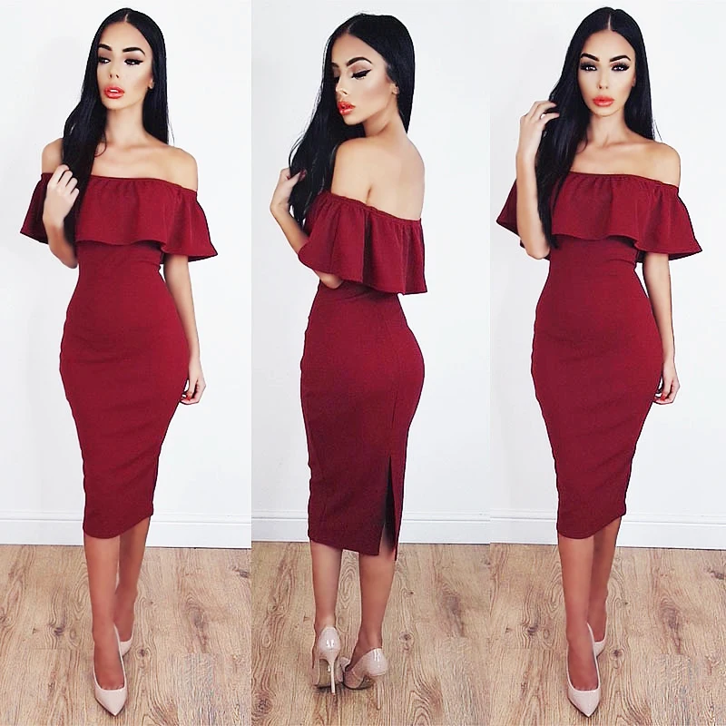 Женское платье с открытыми плечами INDRESSME летнее облегающее красное оборками и