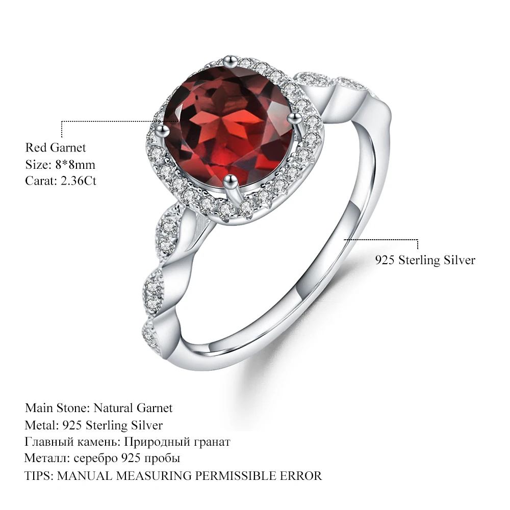 

GEM'S BALLET 925 Sterling Silver Gemstone Rings 2.36Ct Natural Red Garnet Halo Engagement Wedding Ring For Women Fine Jewelry