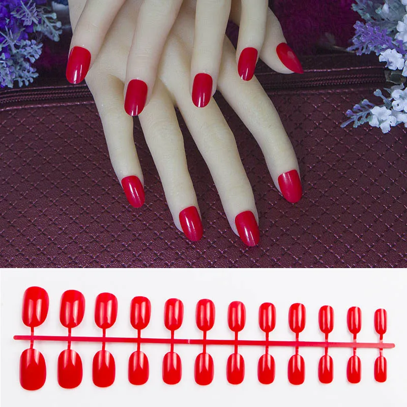 1 Set Of 24 pcs Short Round Shape False Nail With pc Adhesive 10 Sizes Full Cover Hot Red | Красота и здоровье