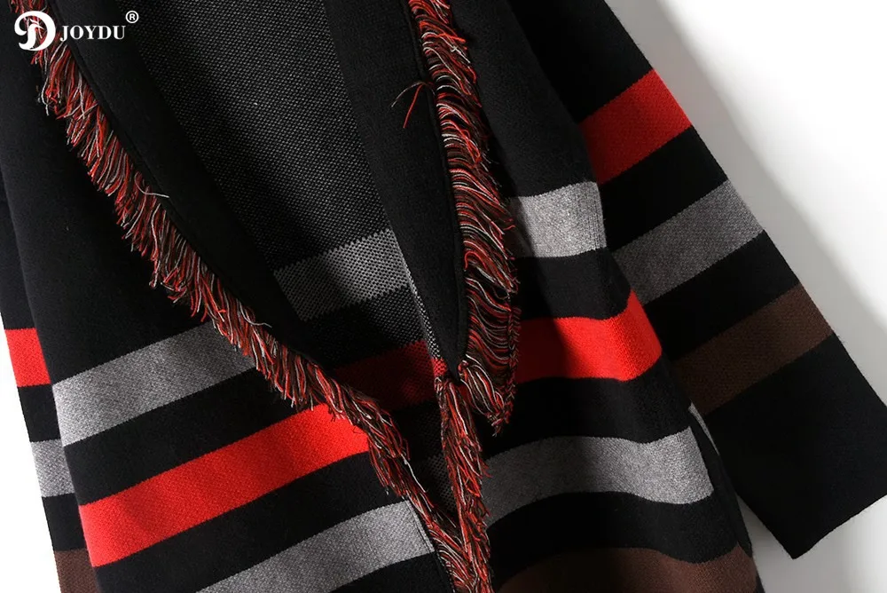 JOYDU Runway Poncho Cardigan Sweater Women 2018 Winter Thick Cape Tassel Lapel Wool Coat Jacket Color Block Striped Knit Jumper |
