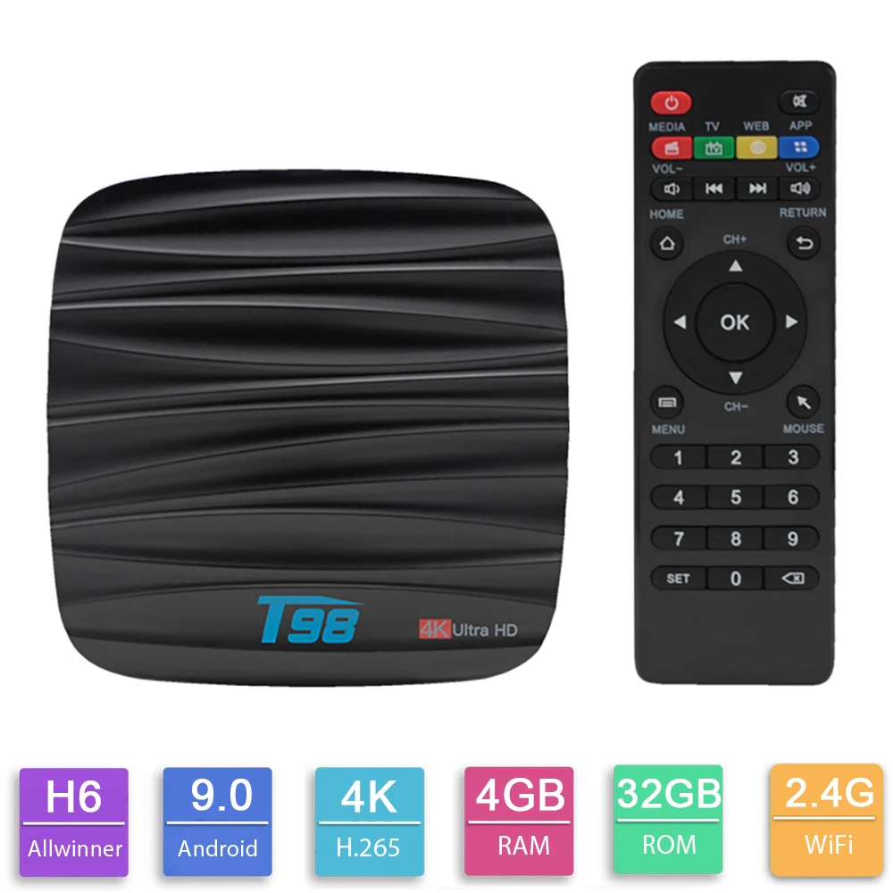 ТВ бокс T98 Smart TV Box Allwinner H6 Android 8 1 2 ГБ/4 ГБ 16 ГБ/32 четырехъядерный 3D 4K медиаплеер Bluetooth
