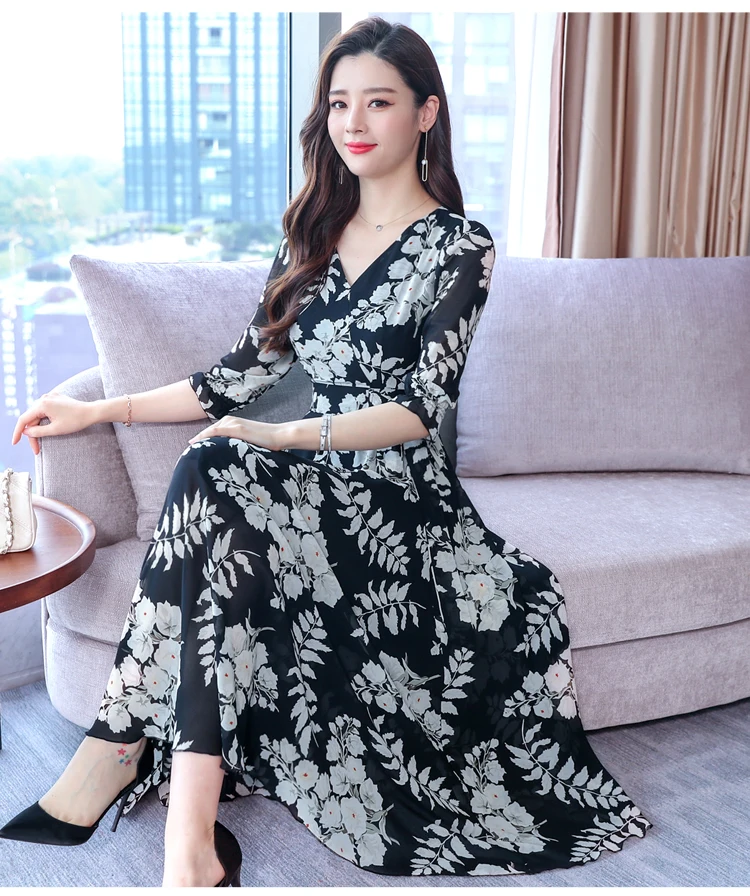 High Quality Plus Size Fashion Autumn New Arrival Collect Waist 3/4 Sleeve FeatherPrinting Woman Long V Neck Chiffon Dress