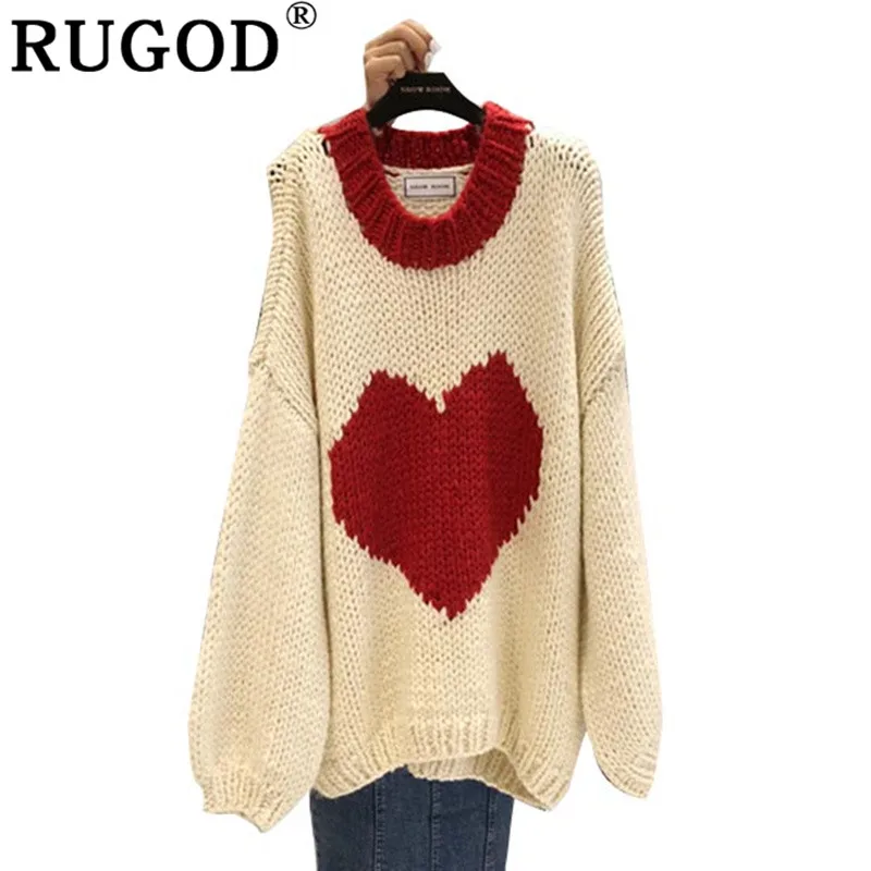 Женский вязаный свитер RUGOD красный свободный с принтом в виде сердца круглым