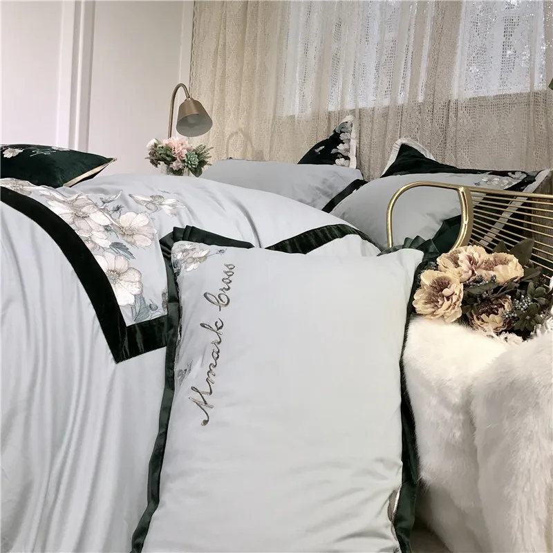 Luxury American Style 80S Egyptian Cotton Pastoral Floral Embroidery Blue Bedding set Duvet Cover Bed sheet/Linen Pillowcases | Дом и сад