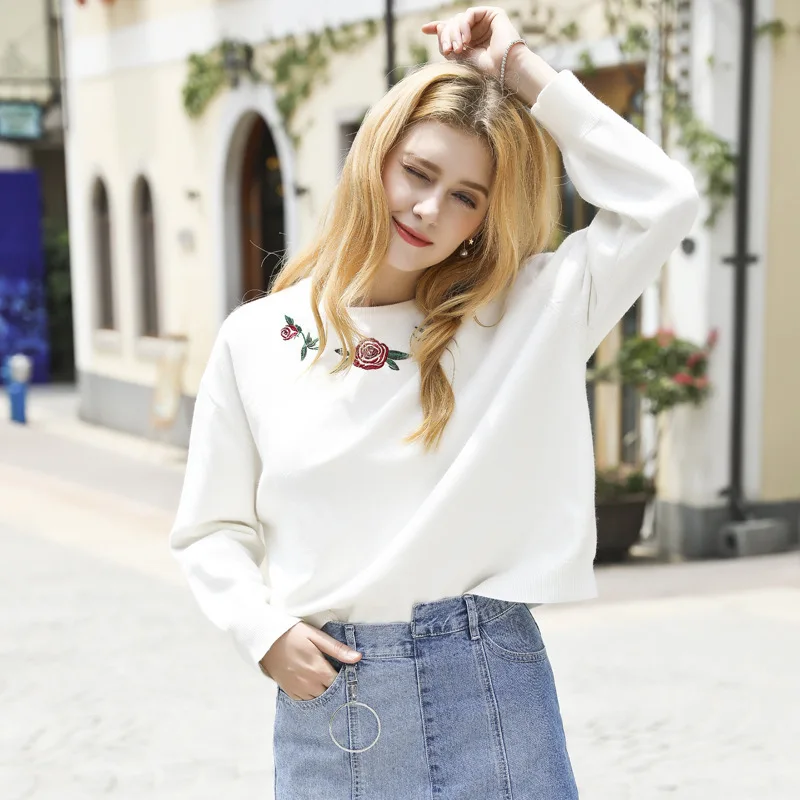 

Sweater Women Full Real Feminino 2018 Autumn New Pattern Flower Embroidery Shoulder Sleeve Knitting Neck Head Sweater
