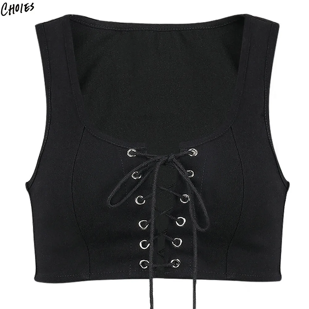 Черный кружевной решетки спереди обрезанный Топ для женщин Лето без рукавов