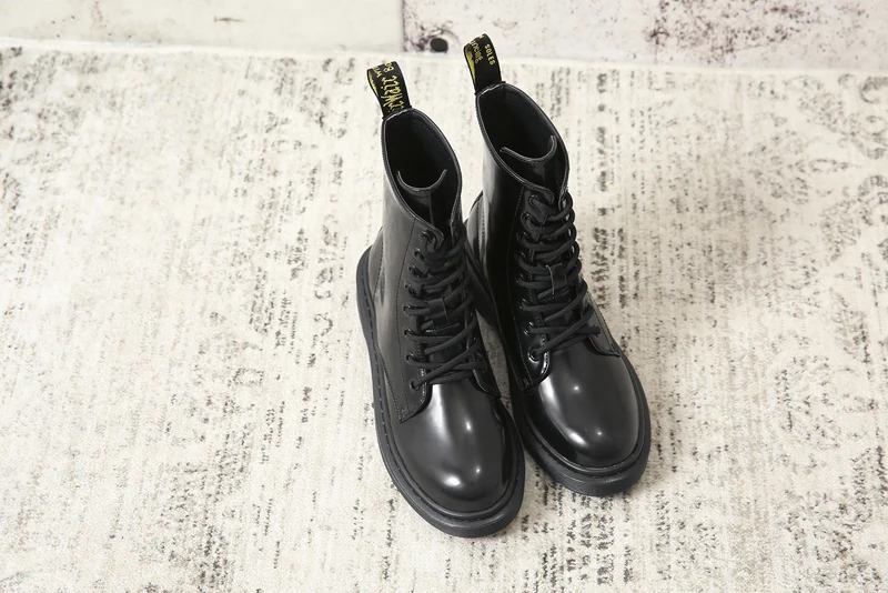 Baimier Winter Black Patent Leather Women Boots Fashion Round Toe Lace Up Ankle Boots For Women Warm Plush Women Winter Boots
