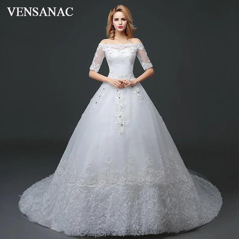 

VENSANAC 2018 блестящая аппликация вечернее платье со шлейфом Свадебные платья с вырезом лодочкой иллюзионное свадебное платье с коротким рукав...