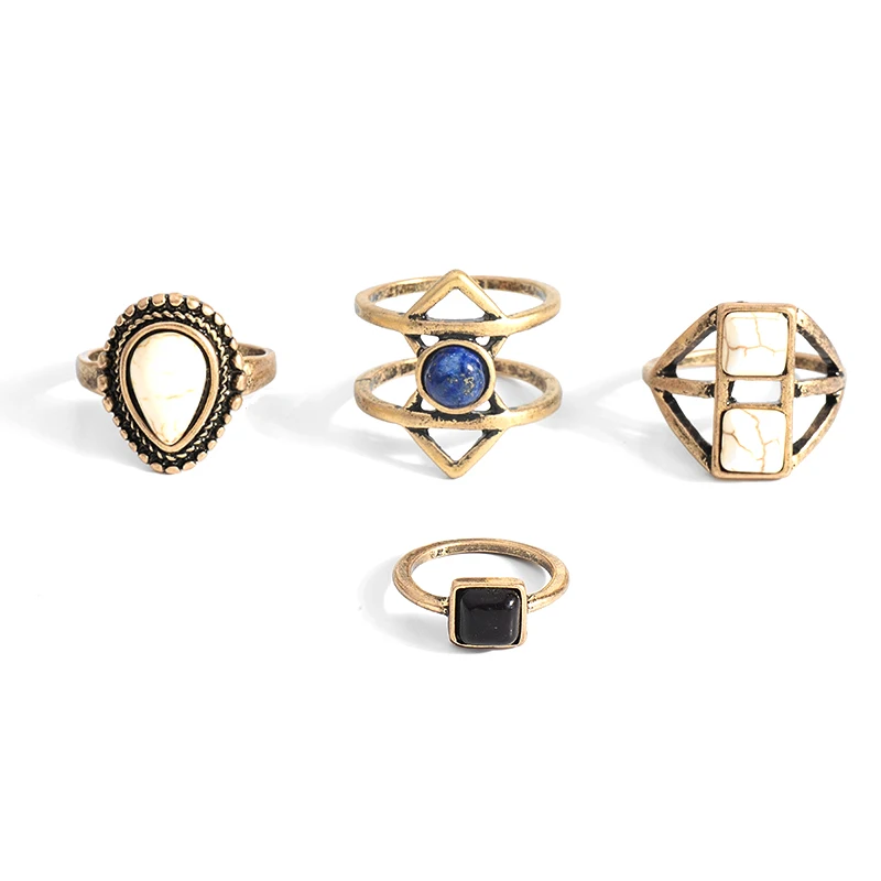 WILD&ampFREE Vintage Bho 4 pcs Ring Set For Women Punk Style Antique Gold Multicolor Stone Beads Turkish Knuckle Rings Party GifT |