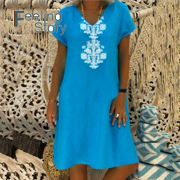 Женское летнее платье больших размеров Boho желтое до колена с принтом и коротким