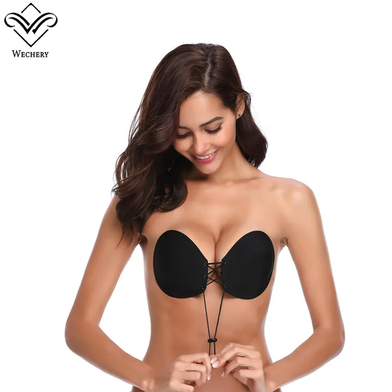 Wechery Strapless Bra Womens Backless Push Up Seamless One Piece Bras Sexy Lace Up Adhesive Plus Size Lingerie