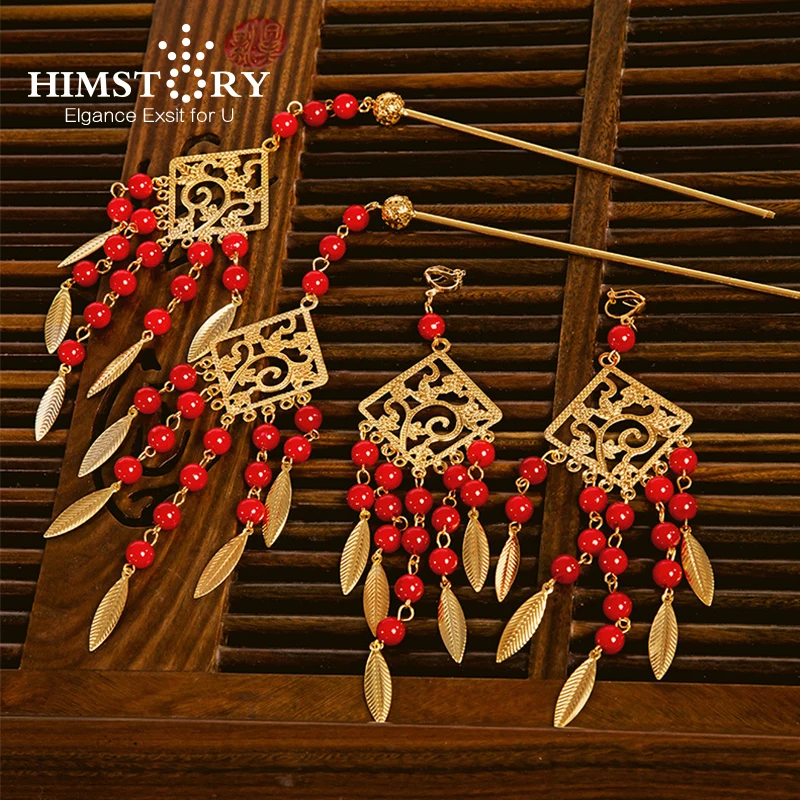 

HIMStory Classical Chinese Wedding Jewelry Bridal Hair Gold Color Red Crystal Pearl Hairsticks Earrings Accessory
