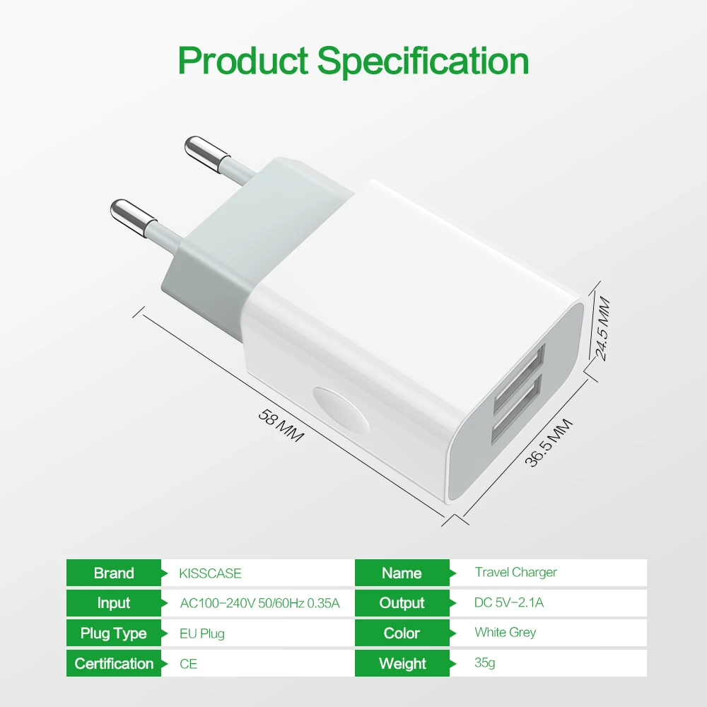 Зарядное устройство KISSCASE 2 порта 1 А USB для iPhone X XS Max настенное быстрое зарядное