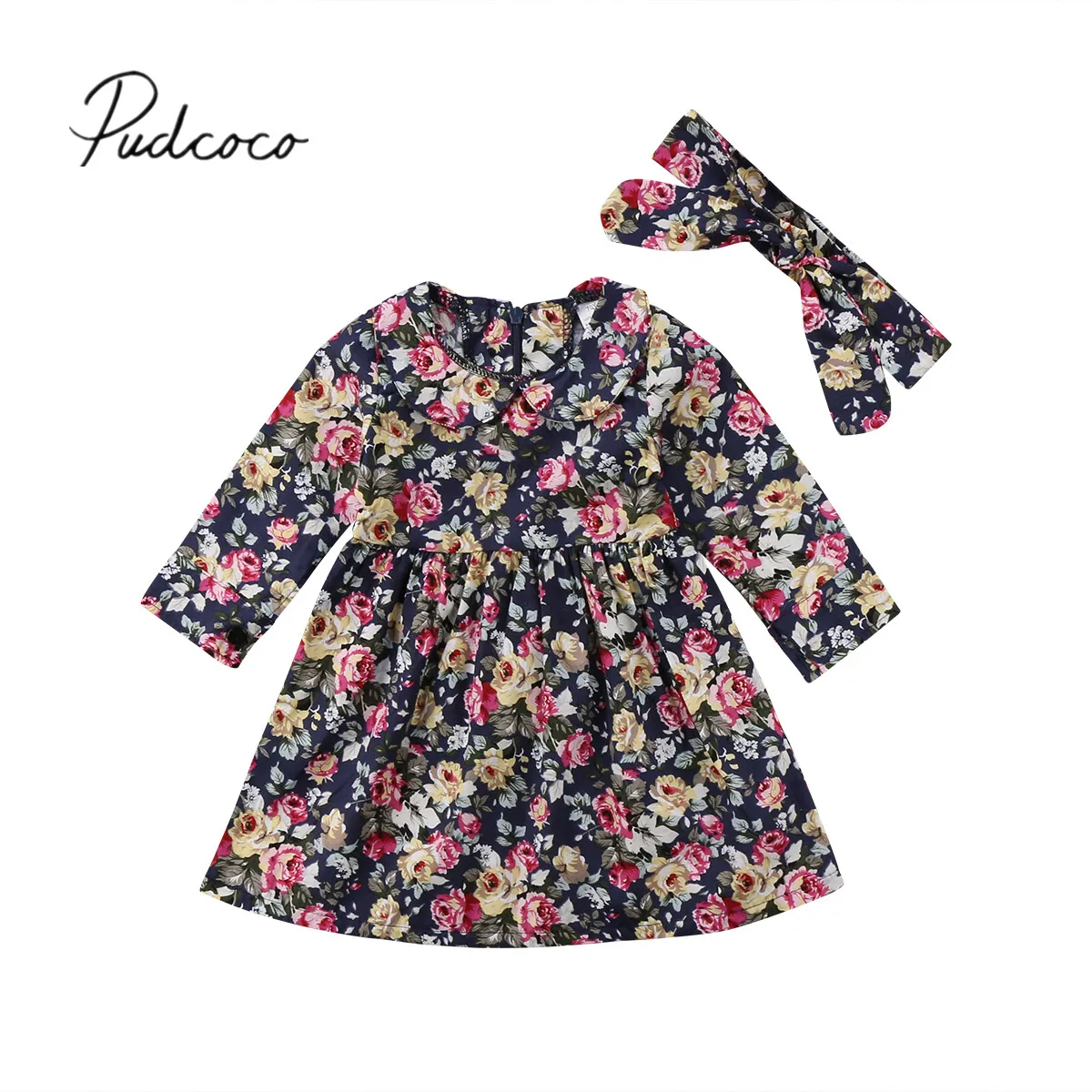 2019 Baby Autumn Clothing Toddler Kid Girl Cotton Floral Princess Longsleeve Dress Lace Tutu Gown Headband 2Pcs 6M-3T | Детская одежда