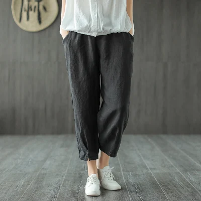 2018 новый хлопок и лен с эластичной талией сезон весна-лето широкие пят сплошной