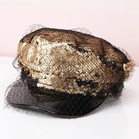 lady cotton visors hat fashion personality yarn sequins cap navy hat female star net red with berets british casual cap b8947