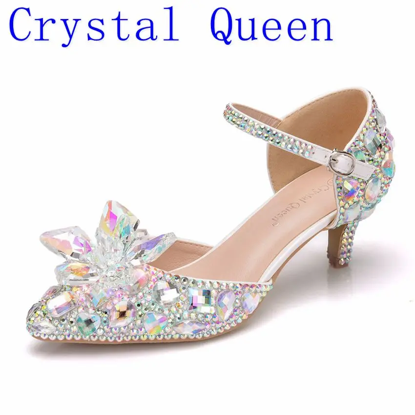 Свадебная обувь для невесты с острым носком и украшением в виде кристаллов; туфли-лодочки Золушки для выпускного; туфли с пряжкой и ремешком на щиколотке; стразы; туфли mary jane на высоком каблуке 5 см