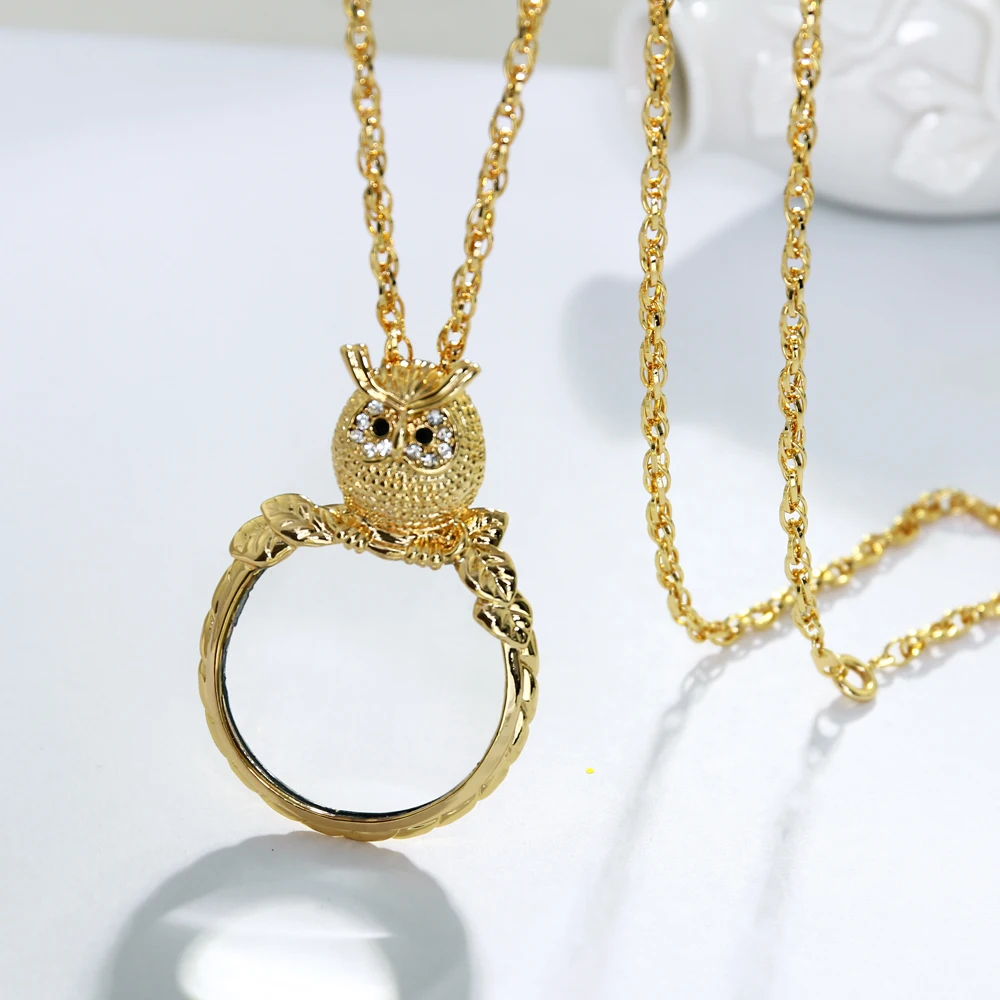 Owl Shape Women Gold Color Chain Necklace With 2X Magnifying Glass Pendant Daily Reading Purpose Nice Design | Украшения и
