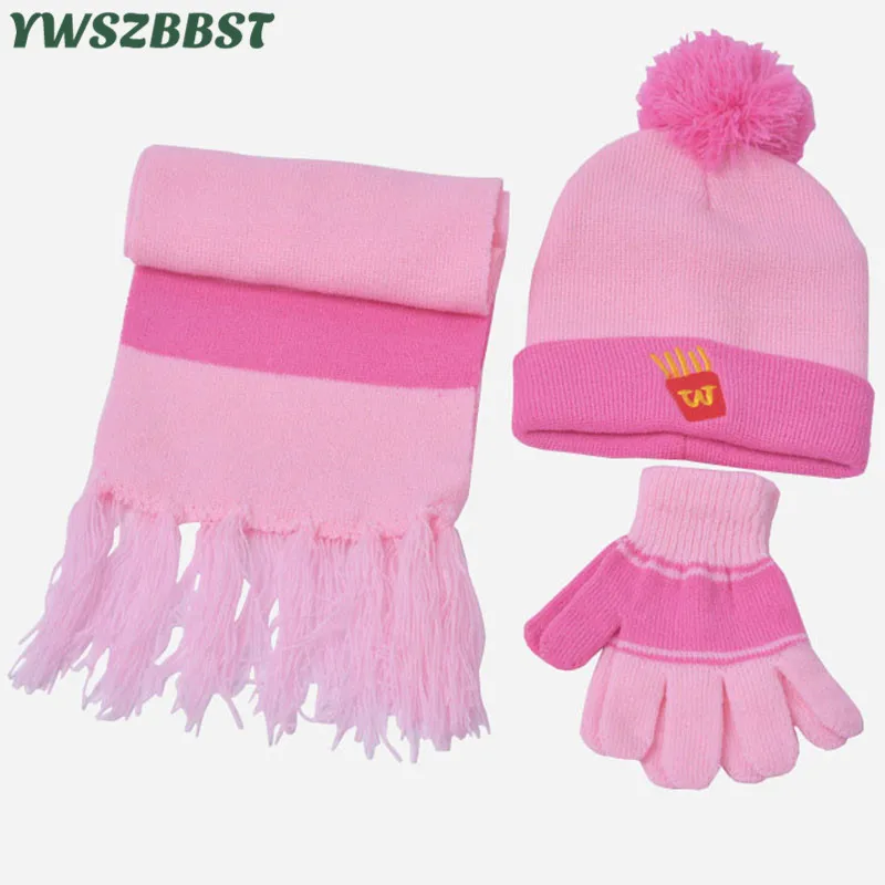 

Fashion 3PC Children Hat Scarf Glove Sets Autumn Winter Cartoon Baby Cap Girls Scarf Hat Glove Knitted Hat Kids Beanies Caps