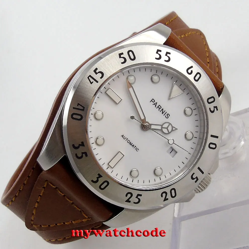 

43mm Parnis white dial Sapphire Glass brown strap miyota Automatic mens Watch602