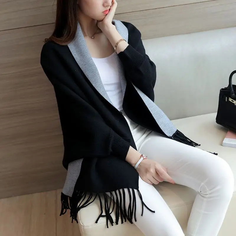 black cardigan Женские свитера, кардиган с кисточками, шаль, накидка, куртка с длинным рукавом, открытая стежка, модное повседневное свободное осенне-зимнее пальто - Цвет: black cardigan