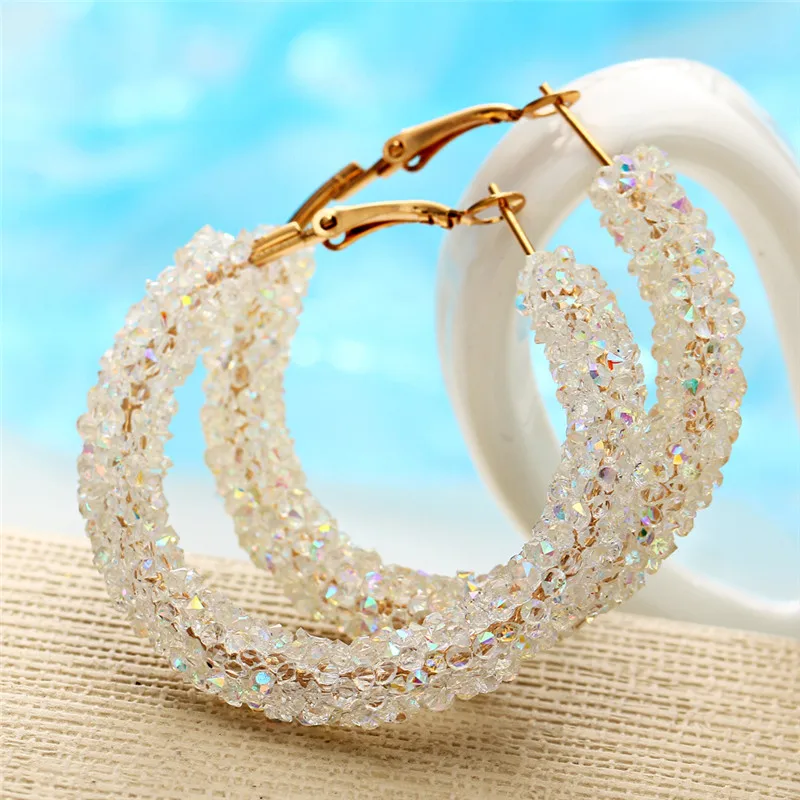 

LUBOV Fashion Round Shiny Rhinestone Gold Hoop Earrings for Women Girl Simple Geometric Austrian Crystal Big Earring Jewelry