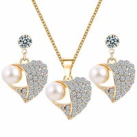hocole fashion heart imitation pearl jewelry sets rhinestone gold chain drop necklace earrings set for women wedding jewelry new