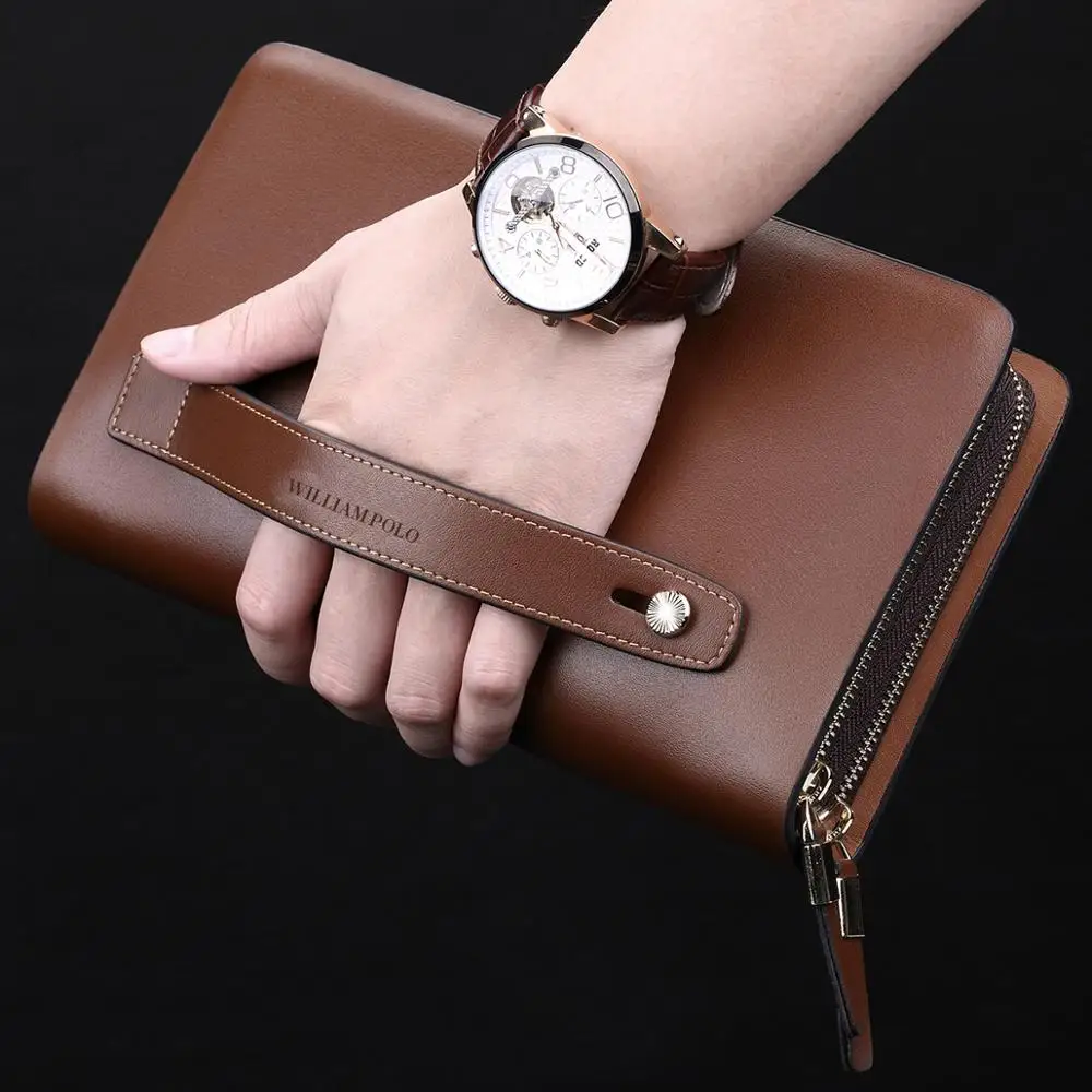 Мужской кошелек из натуральной кожи длинные кошельки на двойной молнии деловой