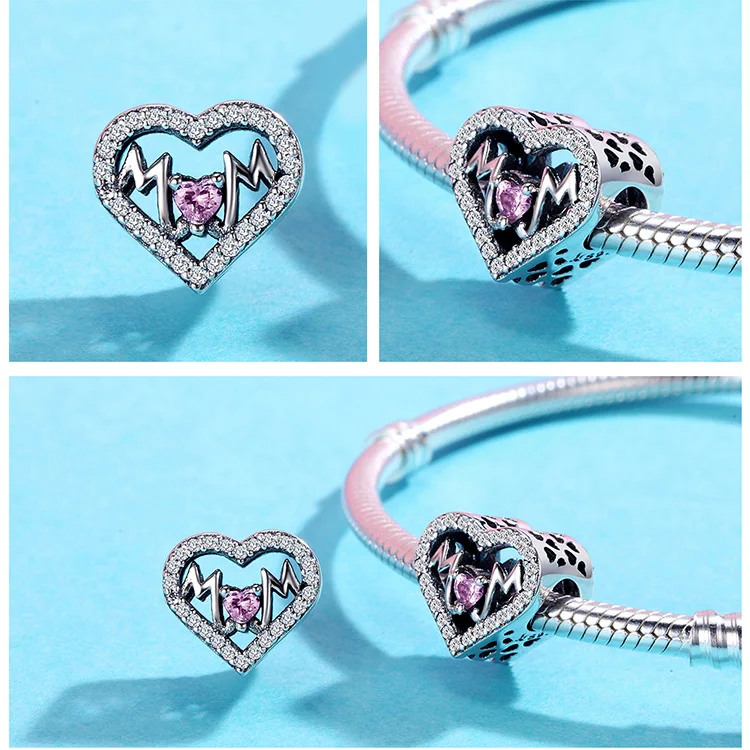 WOSTU, высокое качество, 925 пробы, серебряные надписи MOM Love Heart, розовые CZ бусины, подходят к оригинальному браслету, сделай сам, ювелирное изделие, подарок матери CQC395