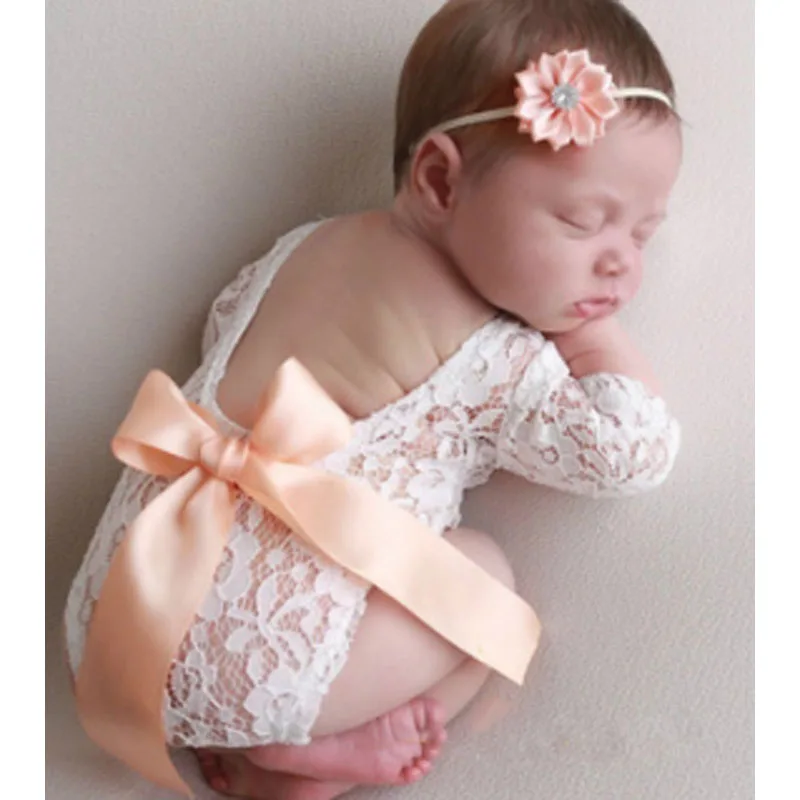 Apricot Кружевная одежда для фотосъемки новорожденных; бант; повязка для волос; комплект из двух предметов; аксессуары для фотосъемки; реквизит с вырезом на спине; детские комбинезоны - Цвет: Apricot