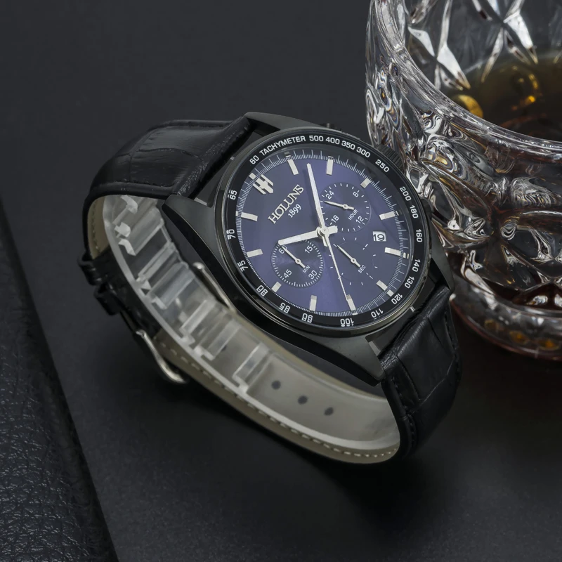 Часы наручные мужские кварцевые с хронографом и кожаным ремешком | Наручные часы