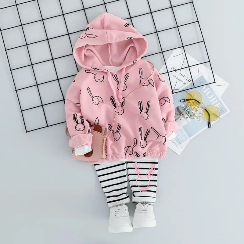 BO tiaowentu pink Детская одежда для маленьких девочек, костюмы, осенняя одежда для малышей, футболка с капюшоном и полосатые штаны 2 шт./компл. модная одежда для малышей, спортивный костюм - Цвет: BO tiaowentu pink