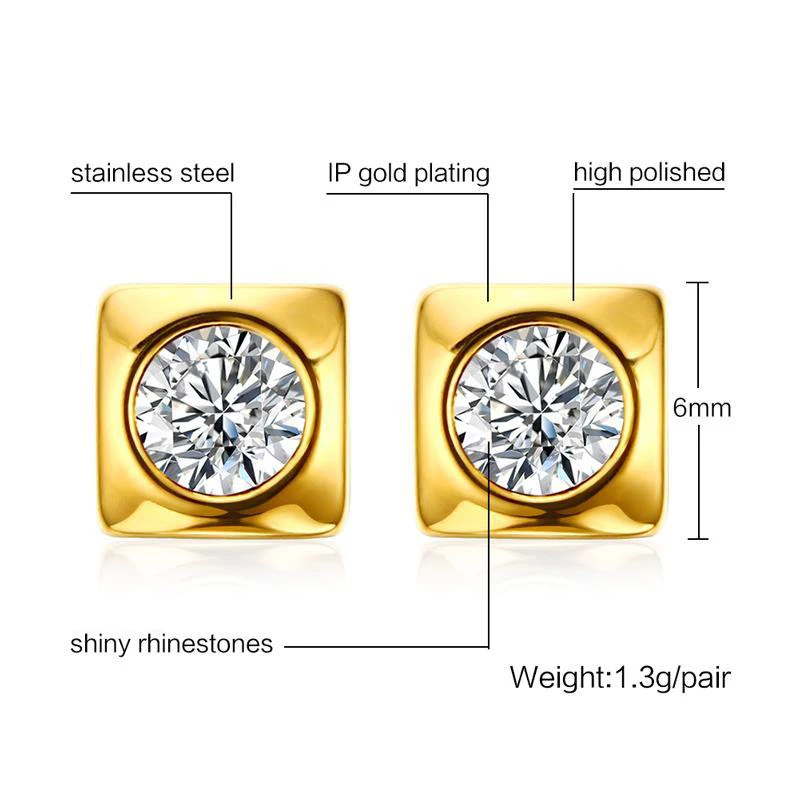 Shiny CZ Stone Stud Earrings for Women Wedding Gold-color Stainless Steel Geometric Party Gift Jewelry | Украшения и аксессуары