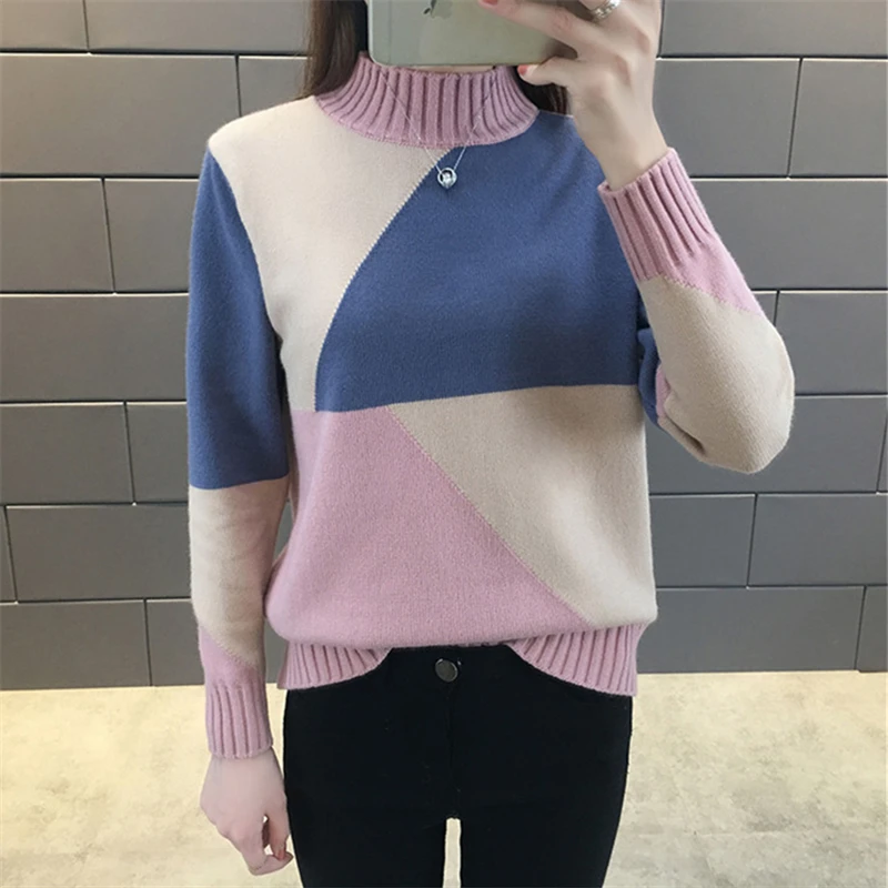 Красивый вязаный свитер контрастного цвета женские пуловеры осенне-зимний с