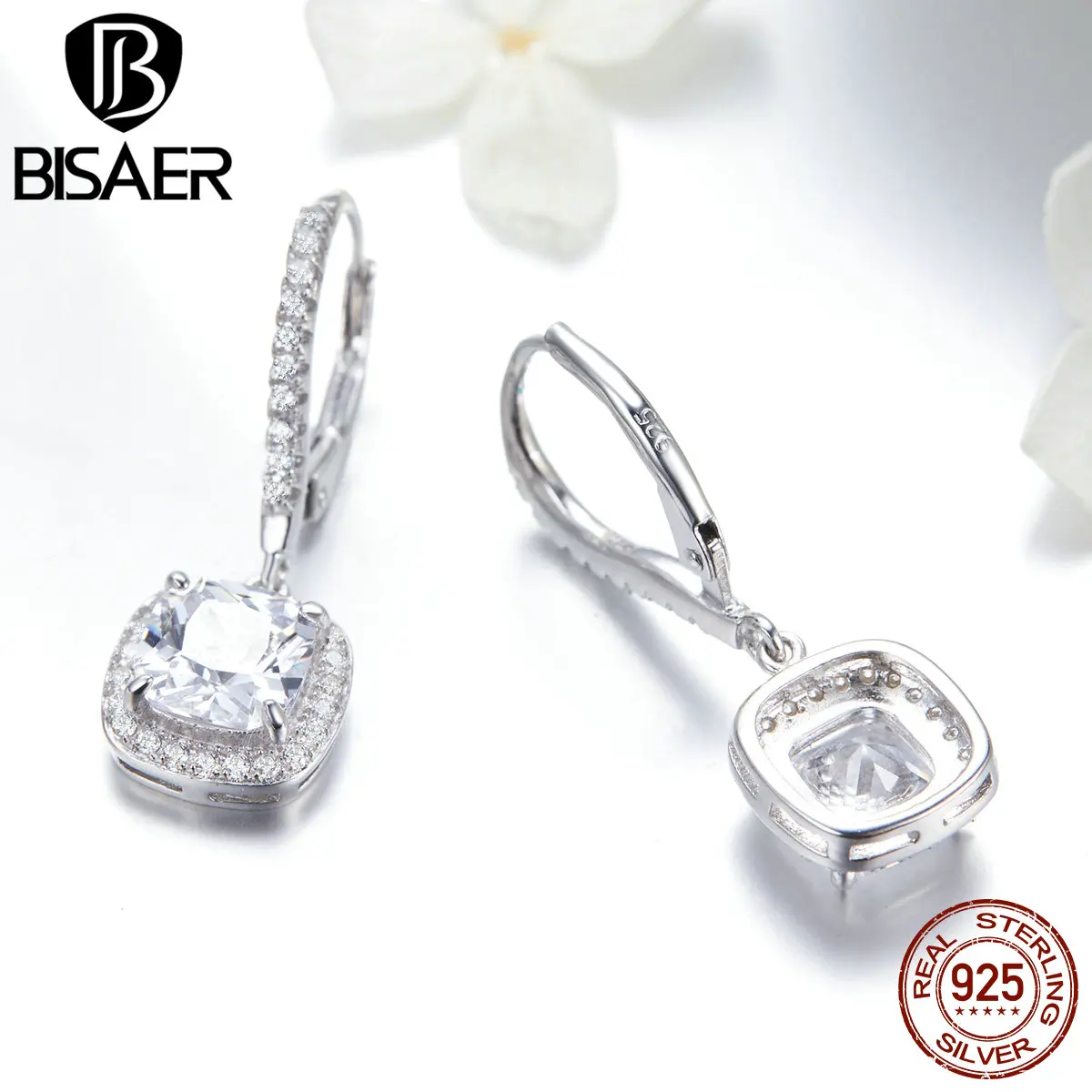BISAER 925 Стерлинговое Серебро Роскошные висячие серьги с кубическим цирконием для женщин режим Свадебные ювелирные изделия Brincos GXE520