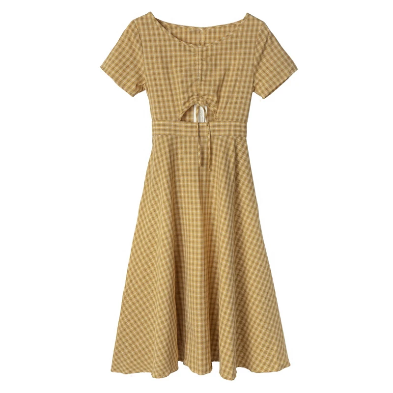Новинка 2018 летнее платье винтажное желтое зеленое клетчатое длинное женское