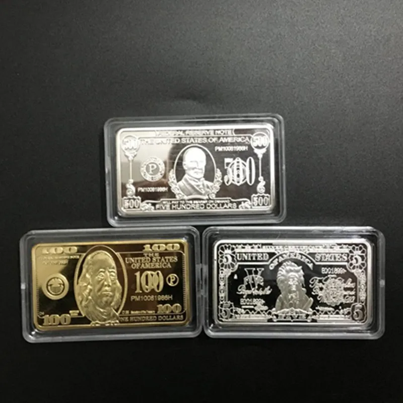 3 pcs The USD 5 100 500 United States dollars ingot 24k real gold silver plated 50 mm x 28 souvenir decoration bullion bar |