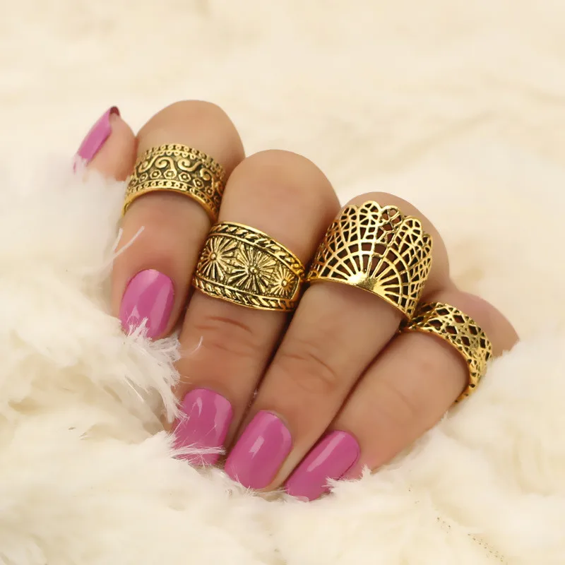 Летние популярные кольца для женщин в стиле панк 4 шт./лот с резным цветком миди