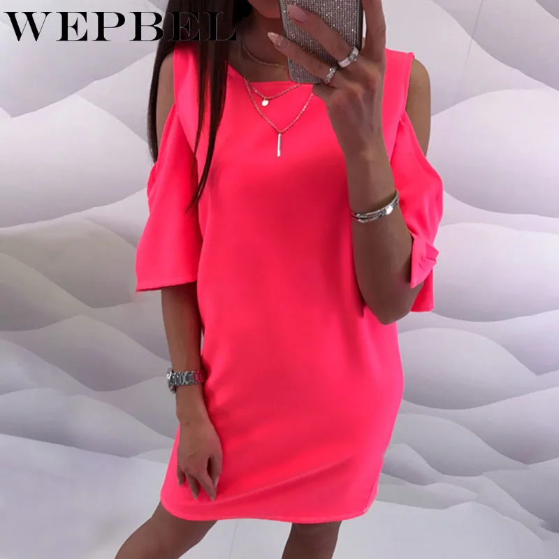 WEPBEL женское мини-платье с открытыми плечами, круглый вырез, короткий рукав, шифоновое платье с оборками, вечерние мини-платья, туники, футболки, платья