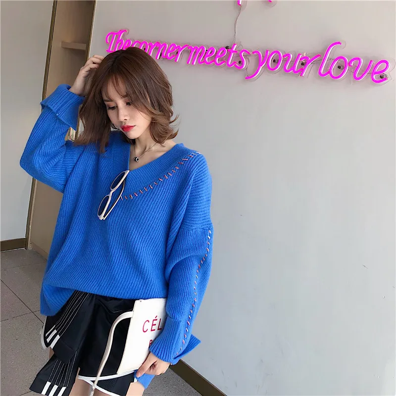 Alpaca V-Neck Lace Up Sweaters Fashion 2018 Women Plus Size Loose Clothing Knit Sweater Womens Pullover Long Sleeve | Женская одежда