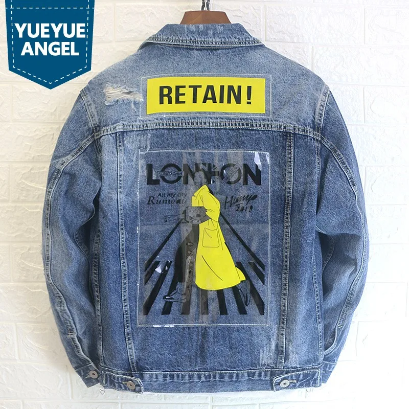 

Boy Friend Style Funny Patch Designs Mens Cowboy Coats Single Breasted Lapel Casual Streetwear Denim Jackets Plus Szie M-XXXL