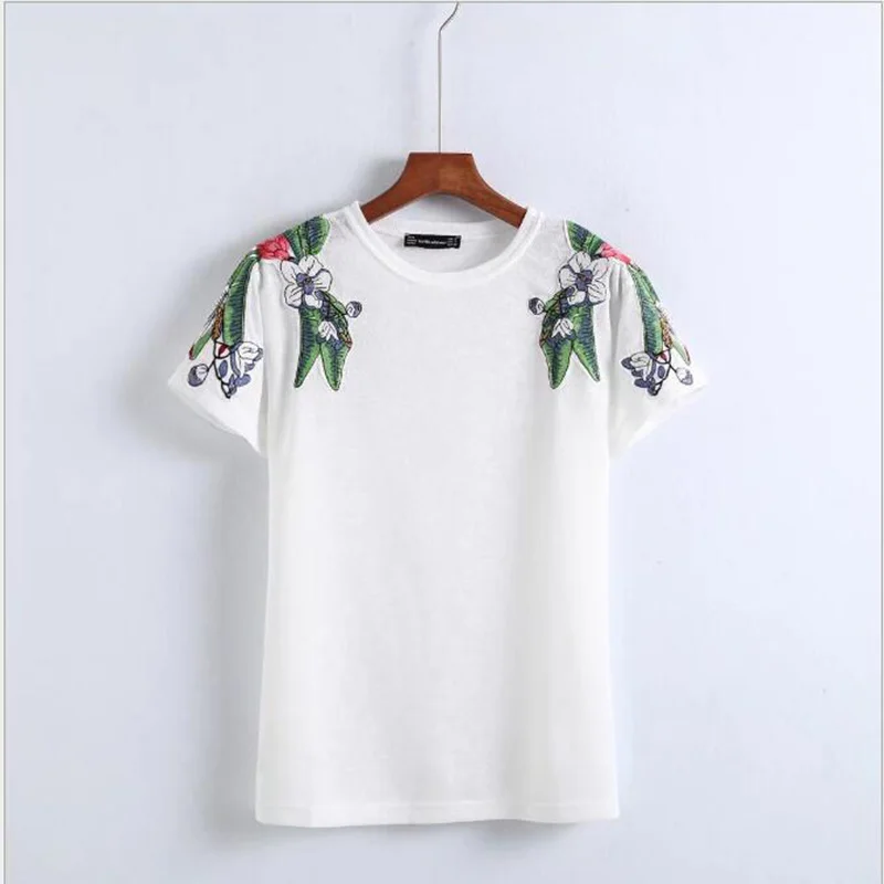 2018 Summer Short Sleeves T Shirt Women stylish floral embroidery Tops O-Neck Casual Pullover female Tunics Girls School tshirt | Женская