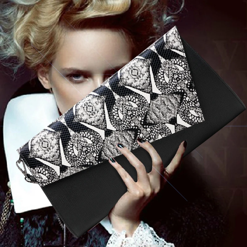 Женский винтажный клатч из натуральной кожи черный под змеиную кожу|evening bags|shoulder