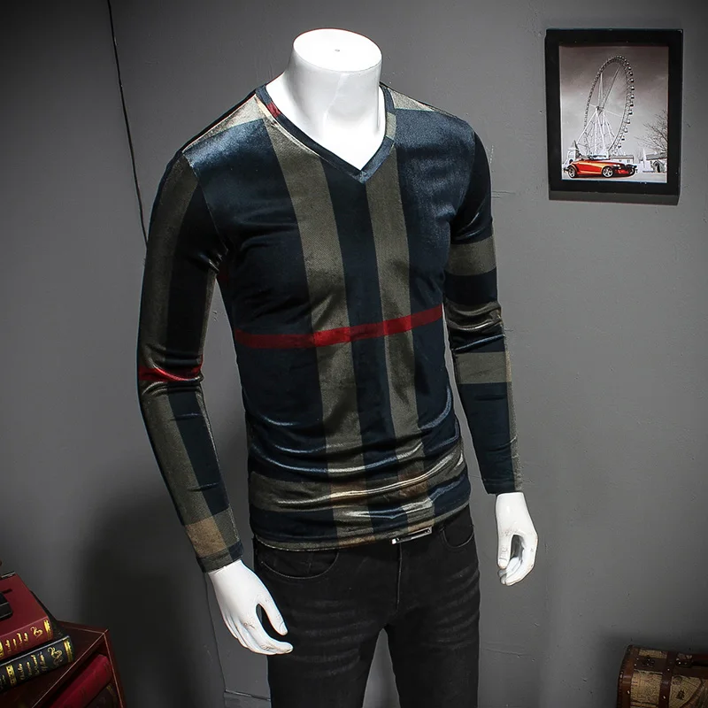 Мужская приталенная бархатная футболка в полоску с V образным вырезом|shirt men