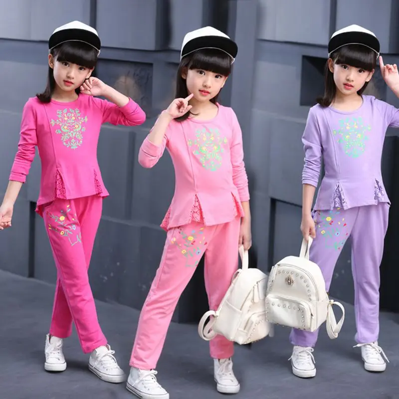 Новая Девушка Весна Осень детская Одежда Костюм 2017 Хан издание сладкий Топы +