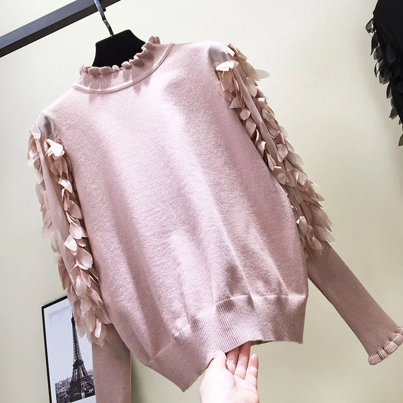 Neploe Solid Petal Mesh Patchwork Women Sweater Knitted Female Sweet Pullover 2021 Autumn Winter Fashion Chic Sueter Mujer 69050 | Женская