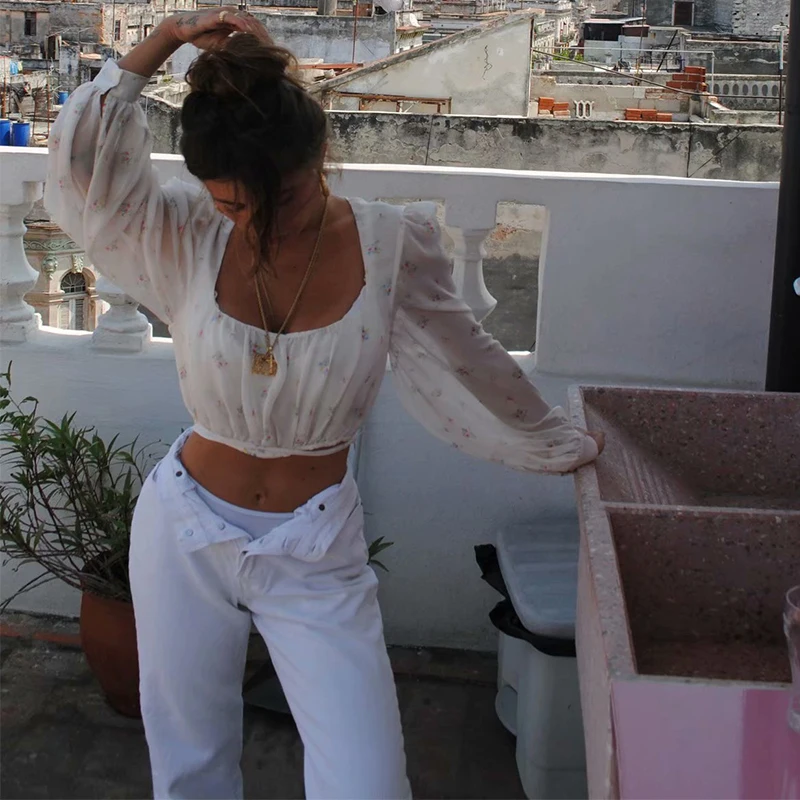 Sexy White Summer Tank Tops Women O Neck Easy Fit Crop Top Lantern Sleeve Sashes Slim Waist Holiday Designer Print Camis Tank