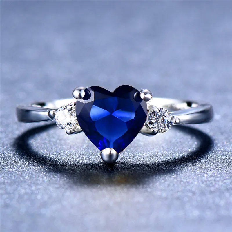 Blue Женское кольцо в форме сердца розового/Красного/фиолетового цвета для девочек, модное кольцо на палец с камнем рождения, 925 серебряное кольцо для помолвки для женщин - Цвет основного камня: Blue