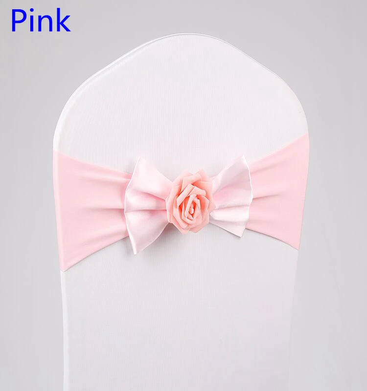 

Pink Colour Lycra Chair Sash Butterfly Bow Tie With Rose Ball For Wedding Chairs Decoration Spandex Band Stretch Bow Tie