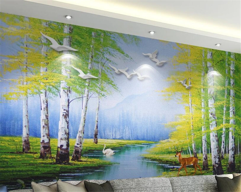 Beibehang картина маслом в европейском стиле Лебедь озеро лес Лось фон настенная 3d
